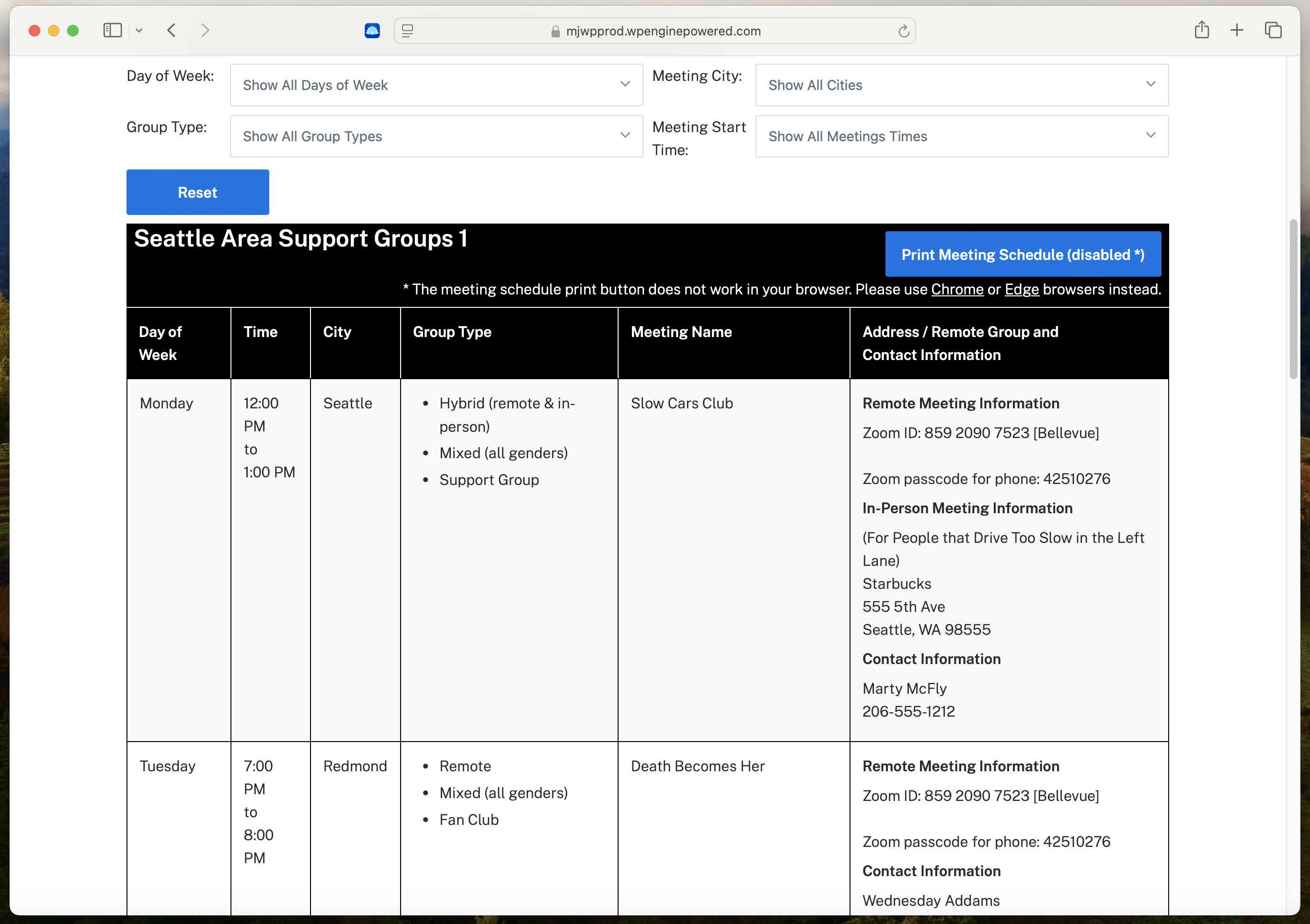 Weekly Meetings List Block on live page on the Safari browser